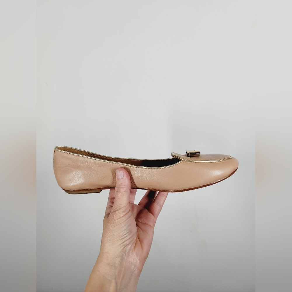 Coach Nude Beige Leather Ballet Flats with Gold Trim